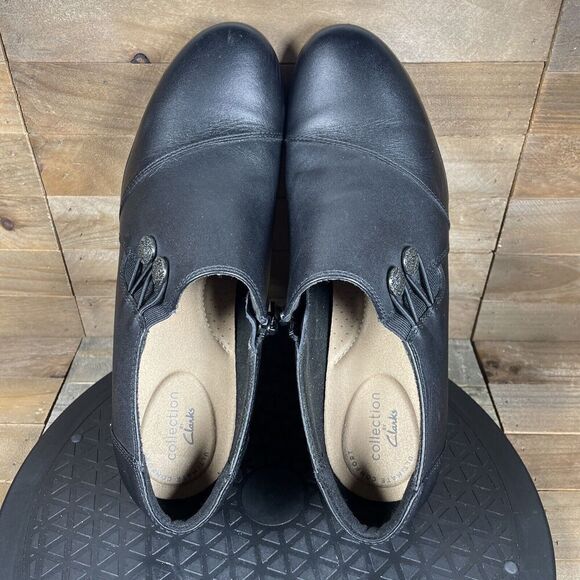 Clarks Shoes Women’s 8 M Emslie Warren Black Leather Block Heel Slip On Zip EUC - Picture 5 of 10